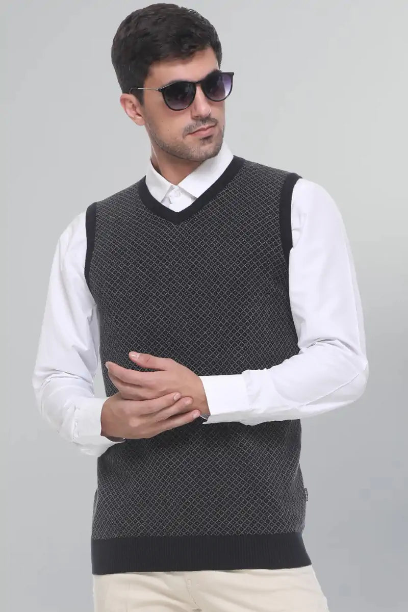 Black Woolen V-Neck Sleeveless Sweater For Men