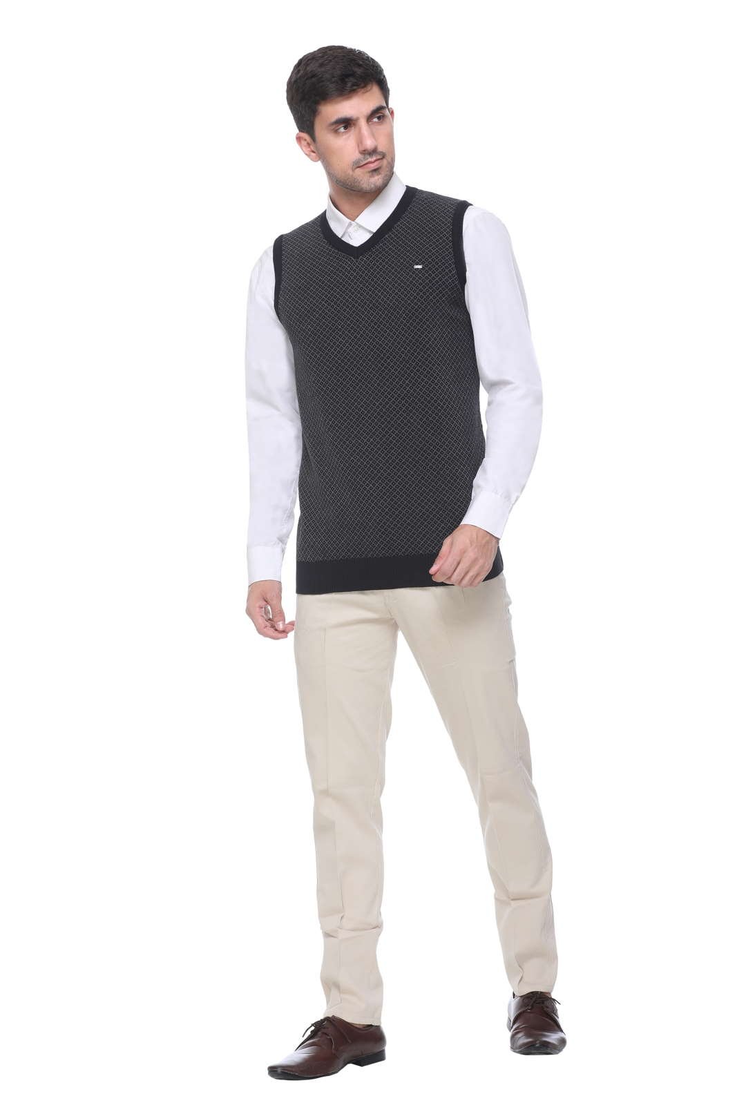 Black Woolen V-Neck Sleeveless Sweater For Men