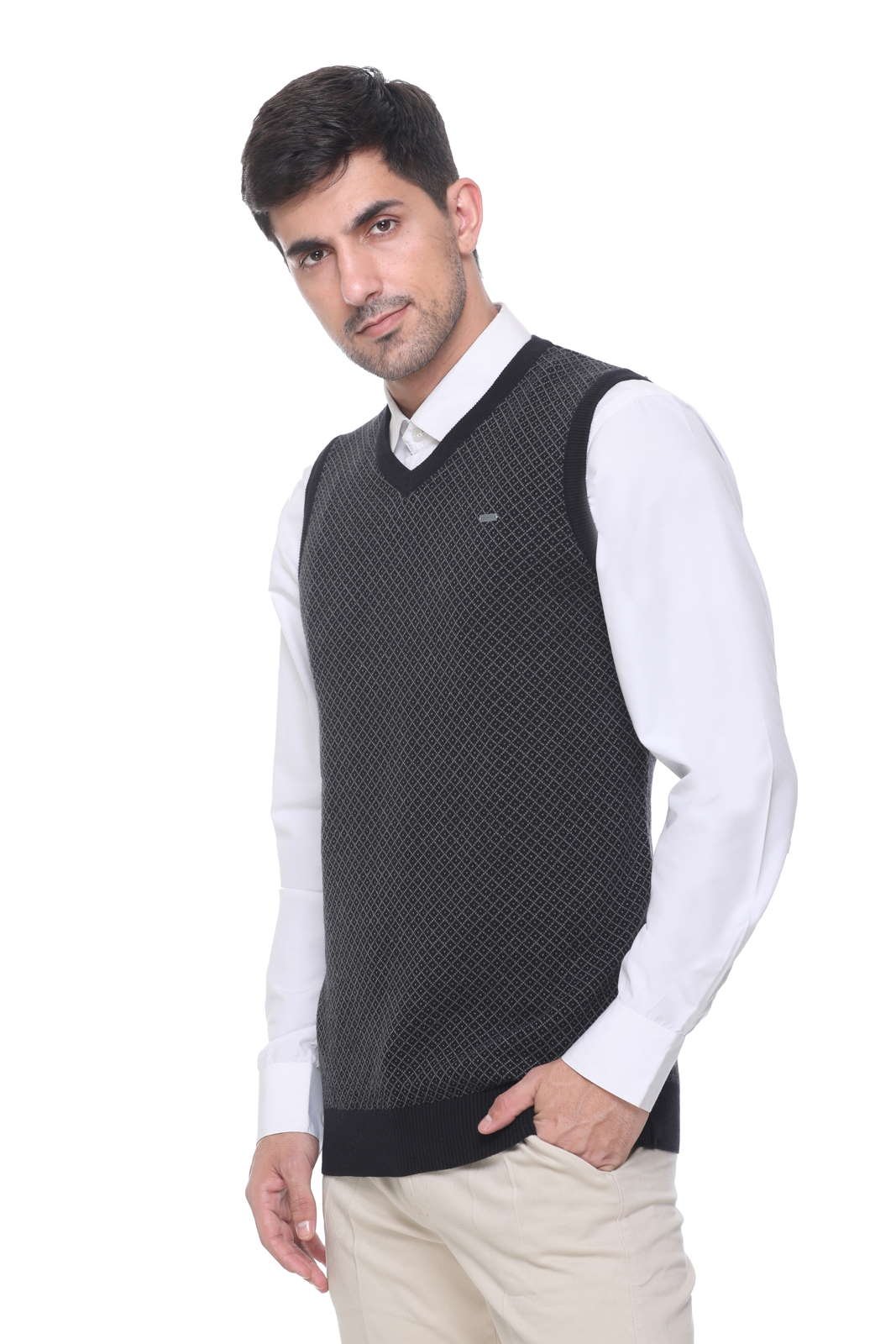 Black Woolen V-Neck Sleeveless Sweater For Men