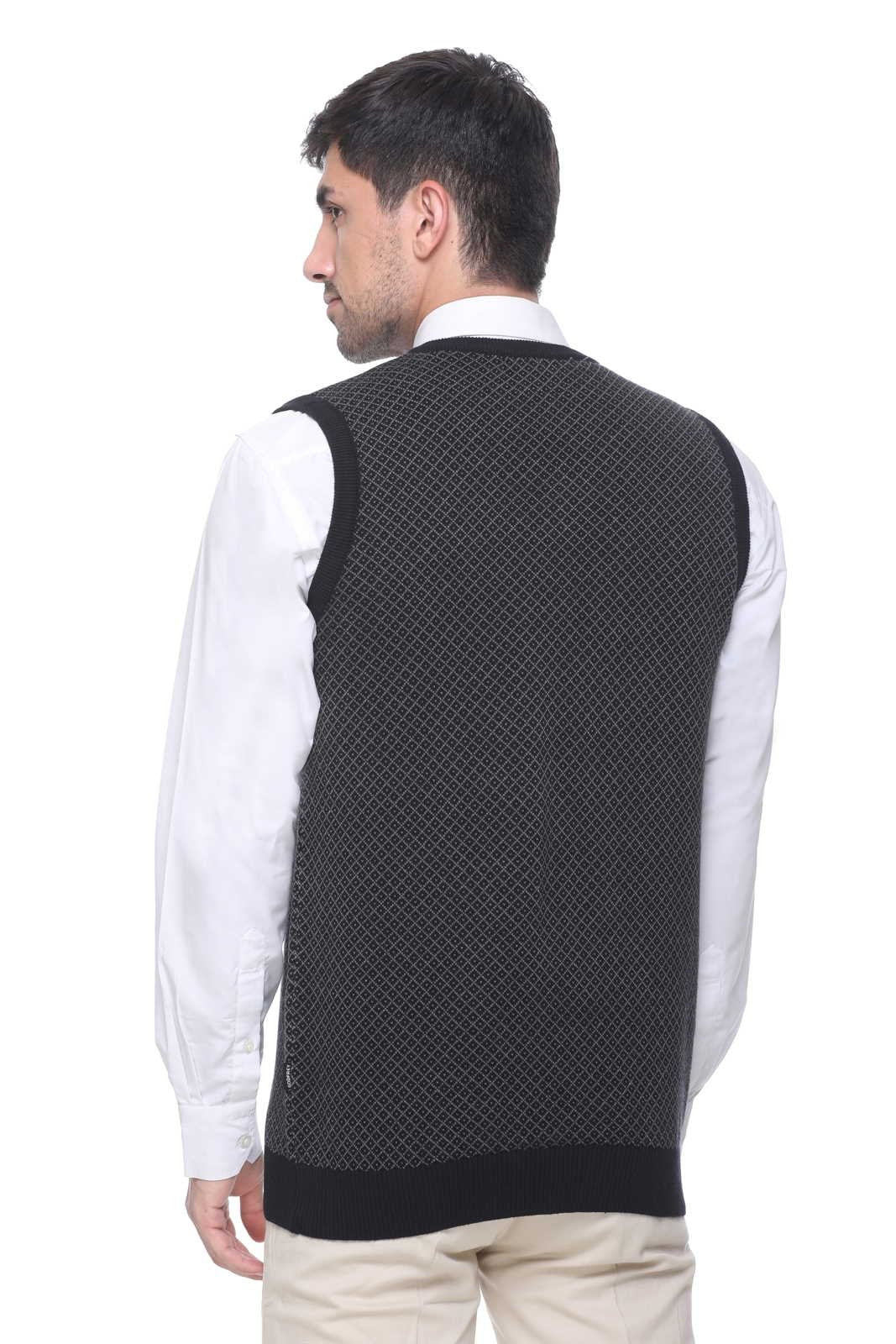 Black Woolen V-Neck Sleeveless Sweater For Men