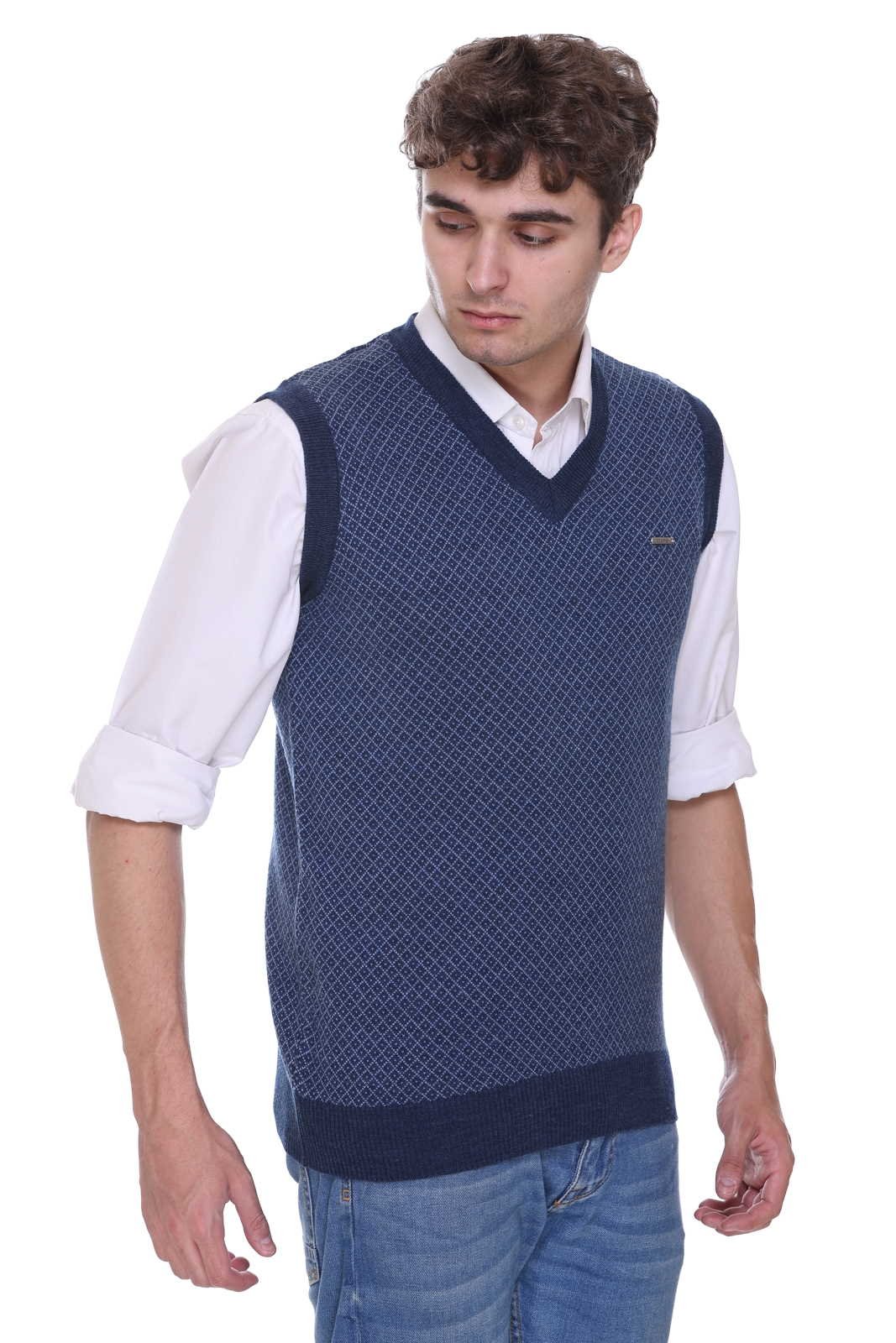 Denim Sky Woolen V-Neck Sleeveless Sweater For Men