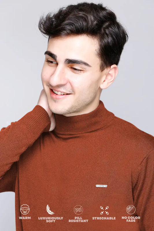 Rust Solid Turtle Neck Woollen Pullover