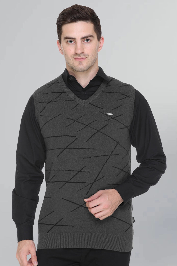 Charcoal Woolen V-Neck Men Designer Sleeveless Sweater