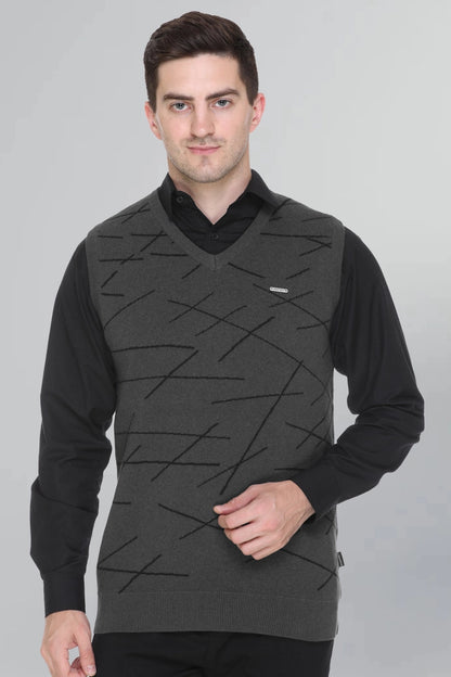 Charcoal Woolen V-Neck Men Designer Sleeveless Sweater