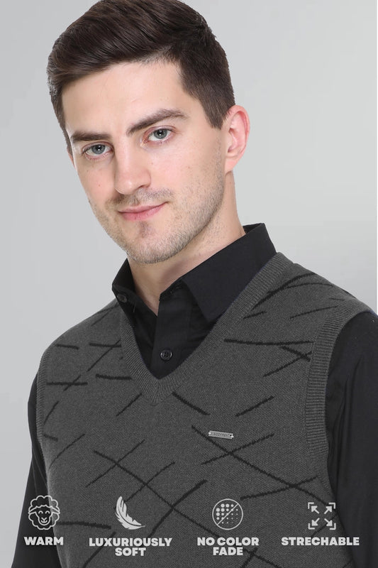 Charcoal Woolen V-Neck Men Designer Sleeveless Sweater