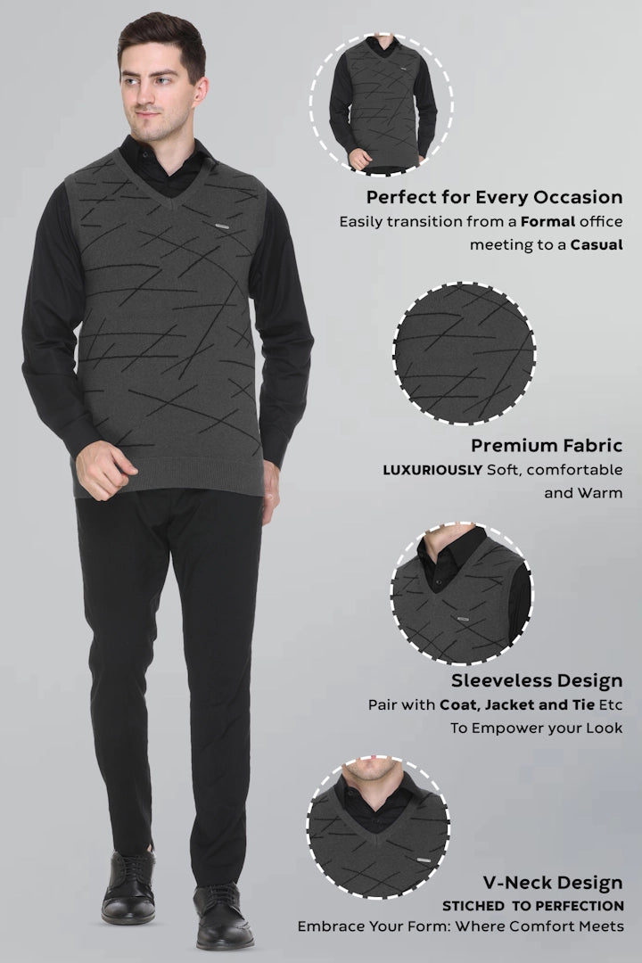 Charcoal Woolen V-Neck Men Designer Sleeveless Sweater