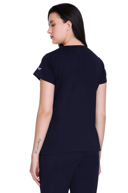 Women Solid Navy Cotton Round Neck T-Shirt