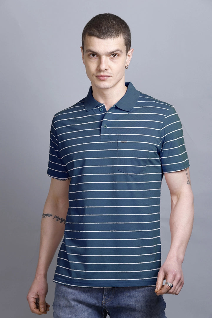 Denim Striped Half Sleeve Polo T-Shirt for Men With Pocket