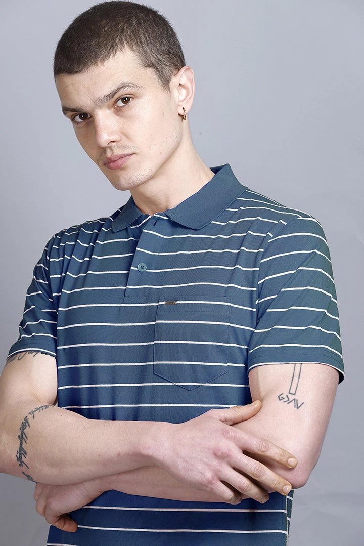Denim Striped Half Sleeve Polo T-Shirt for Men With Pocket