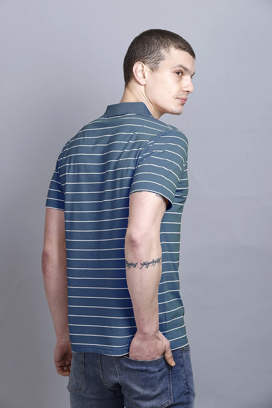 Denim Striped Half Sleeve Polo T-Shirt for Men With Pocket