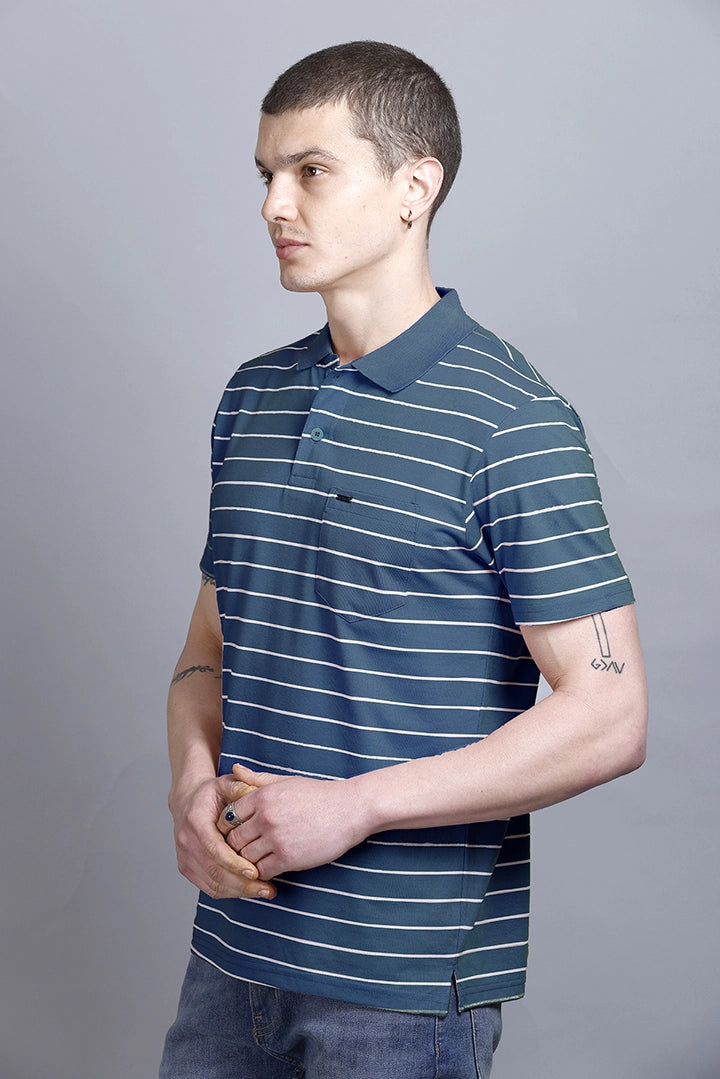 Denim Striped Half Sleeve Polo T-Shirt for Men With Pocket