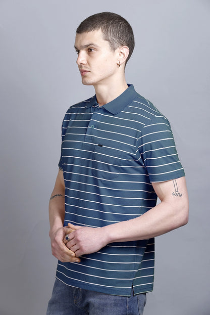 Denim Striped Half Sleeve Polo T-Shirt for Men With Pocket
