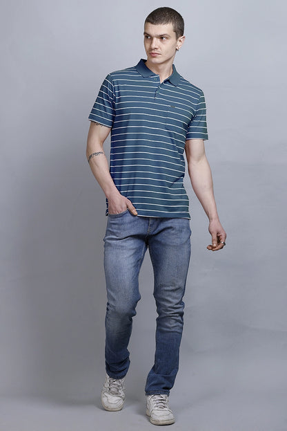 Denim Striped Half Sleeve Polo T-Shirt for Men With Pocket