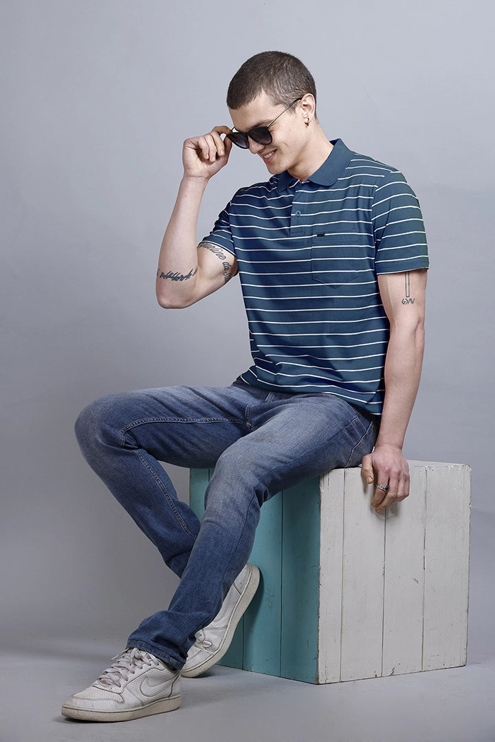 Denim Striped Half Sleeve Polo T-Shirt for Men With Pocket