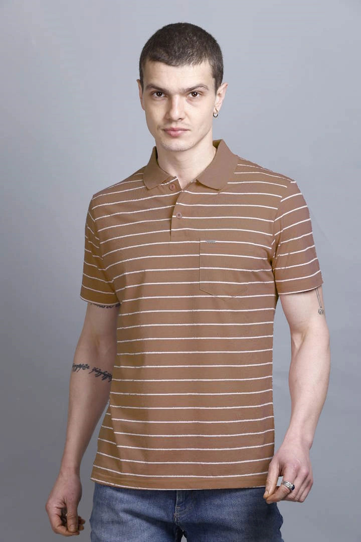 Coco Brown Striped Half Sleeve Polo T-Shirt for Men With Pocket