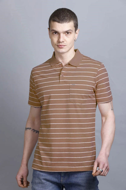 Coco Brown Striped Half Sleeve Polo T-Shirt for Men With Pocket