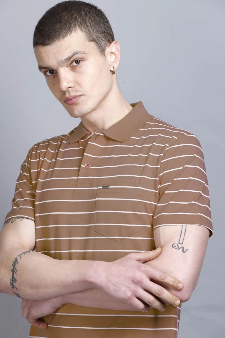 Coco Brown Striped Half Sleeve Polo T-Shirt for Men With Pocket