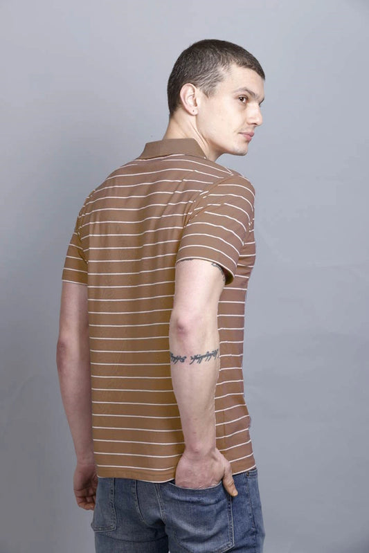 Coco Brown Striped Half Sleeve Polo T-Shirt for Men With Pocket