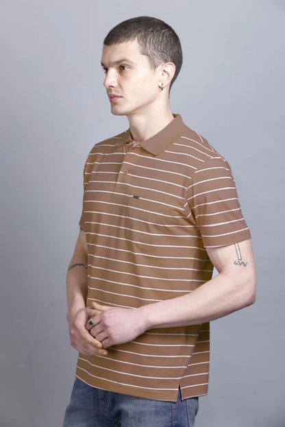 Coco Brown Striped Half Sleeve Polo T-Shirt for Men With Pocket