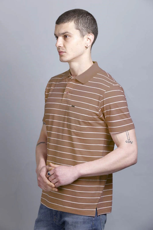 Coco Brown Striped Half Sleeve Polo T-Shirt for Men With Pocket