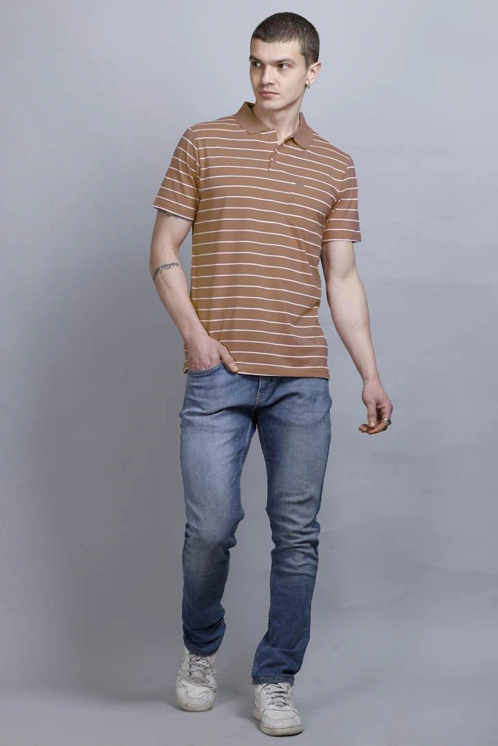 Coco Brown Striped Half Sleeve Polo T-Shirt for Men With Pocket