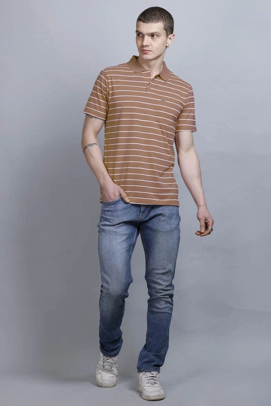 Coco Brown Striped Half Sleeve Polo T-Shirt for Men With Pocket