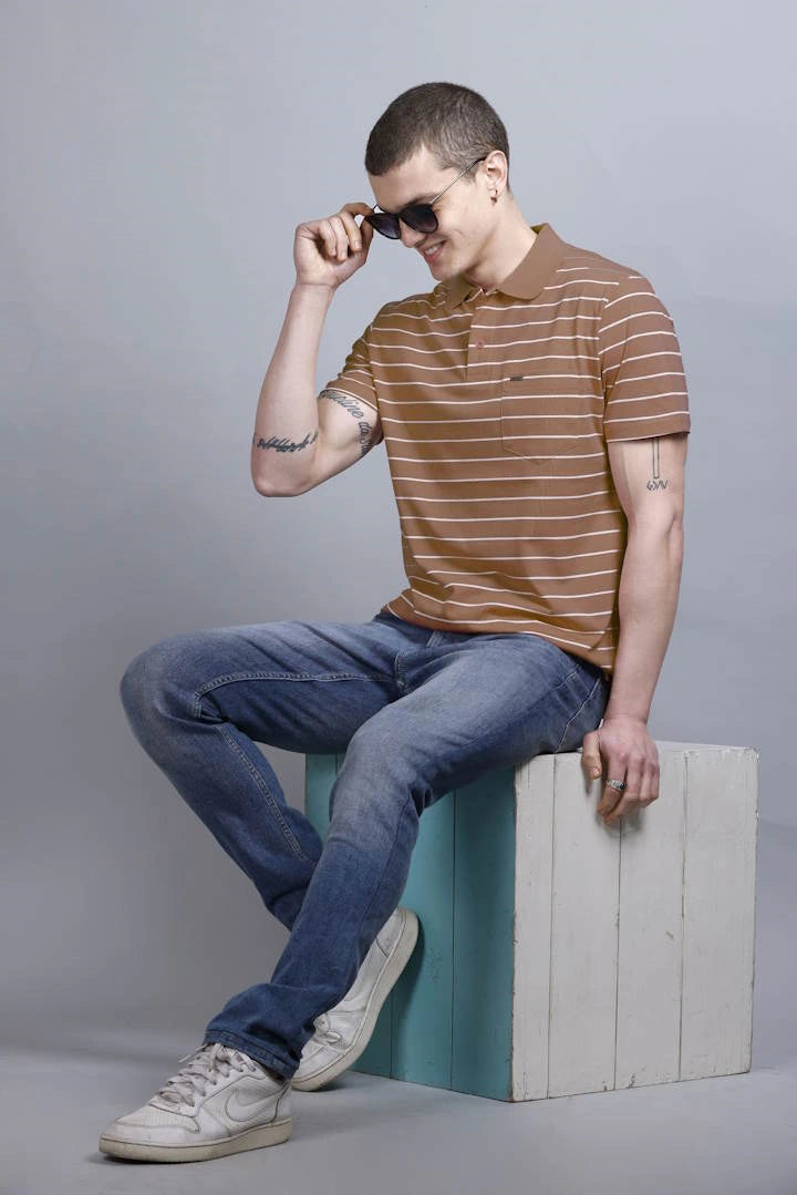 Coco Brown Striped Half Sleeve Polo T-Shirt for Men With Pocket