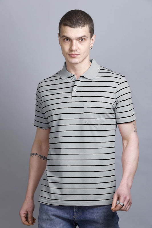 Light Grey Striped Cotton Half Sleeve Polo Collar T Shirt With Pocket