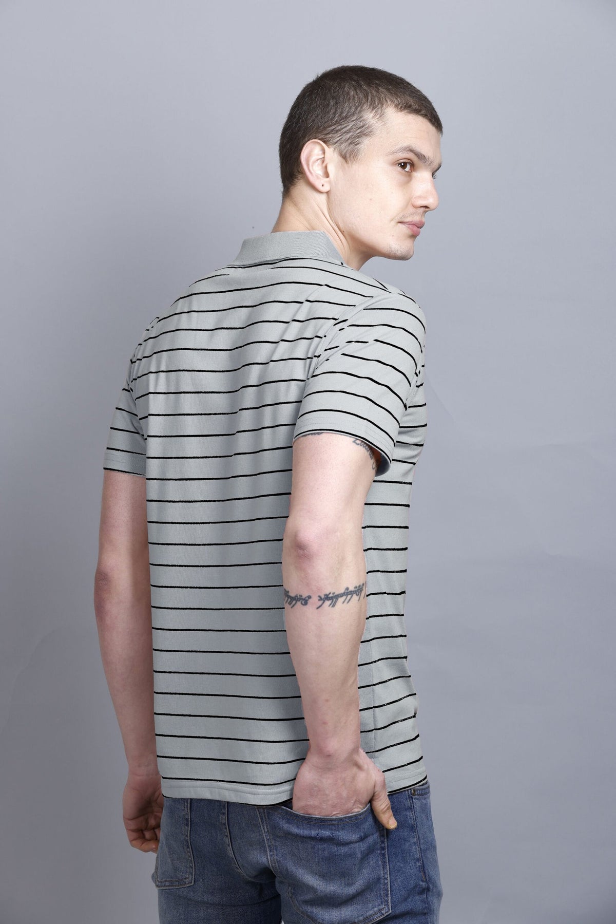 Light Grey Striped Cotton Half Sleeve Polo Collar T Shirt With Pocket