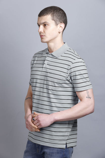 Light Grey Striped Cotton Half Sleeve Polo Collar T Shirt With Pocket
