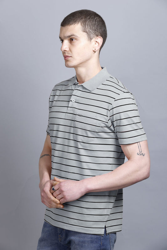 Light Grey Striped Cotton Half Sleeve Polo Collar T Shirt With Pocket
