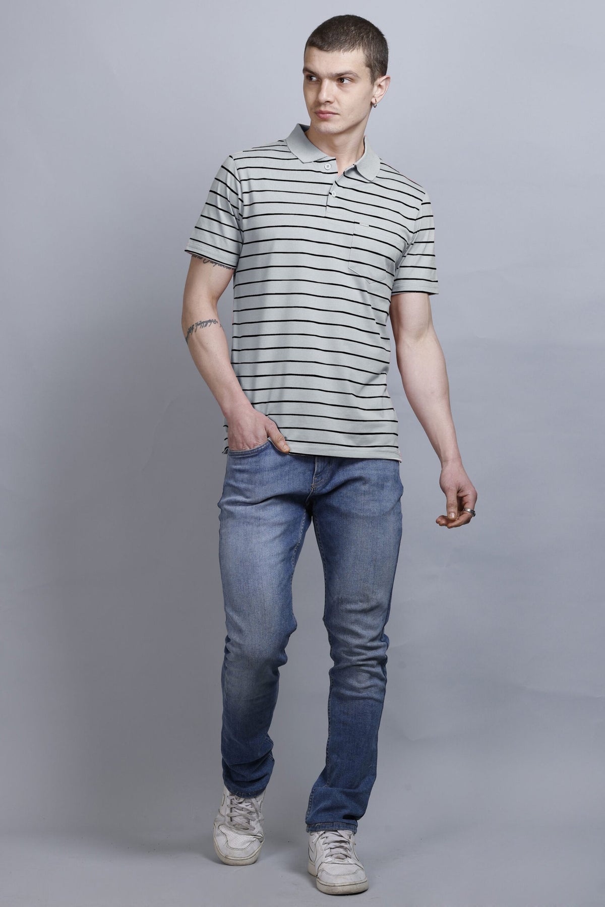 Light Grey Striped Cotton Half Sleeve Polo Collar T Shirt With Pocket