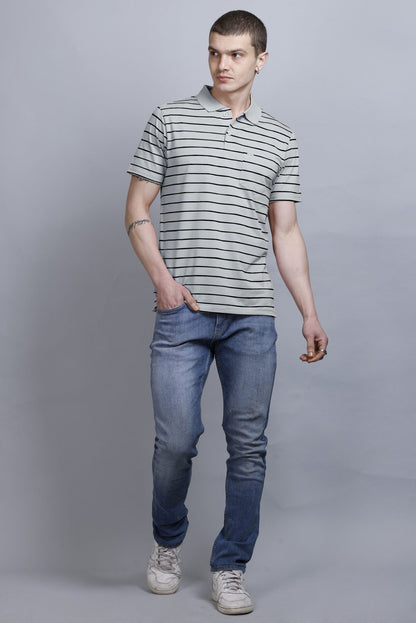 Light Grey Striped Cotton Half Sleeve Polo Collar T Shirt With Pocket