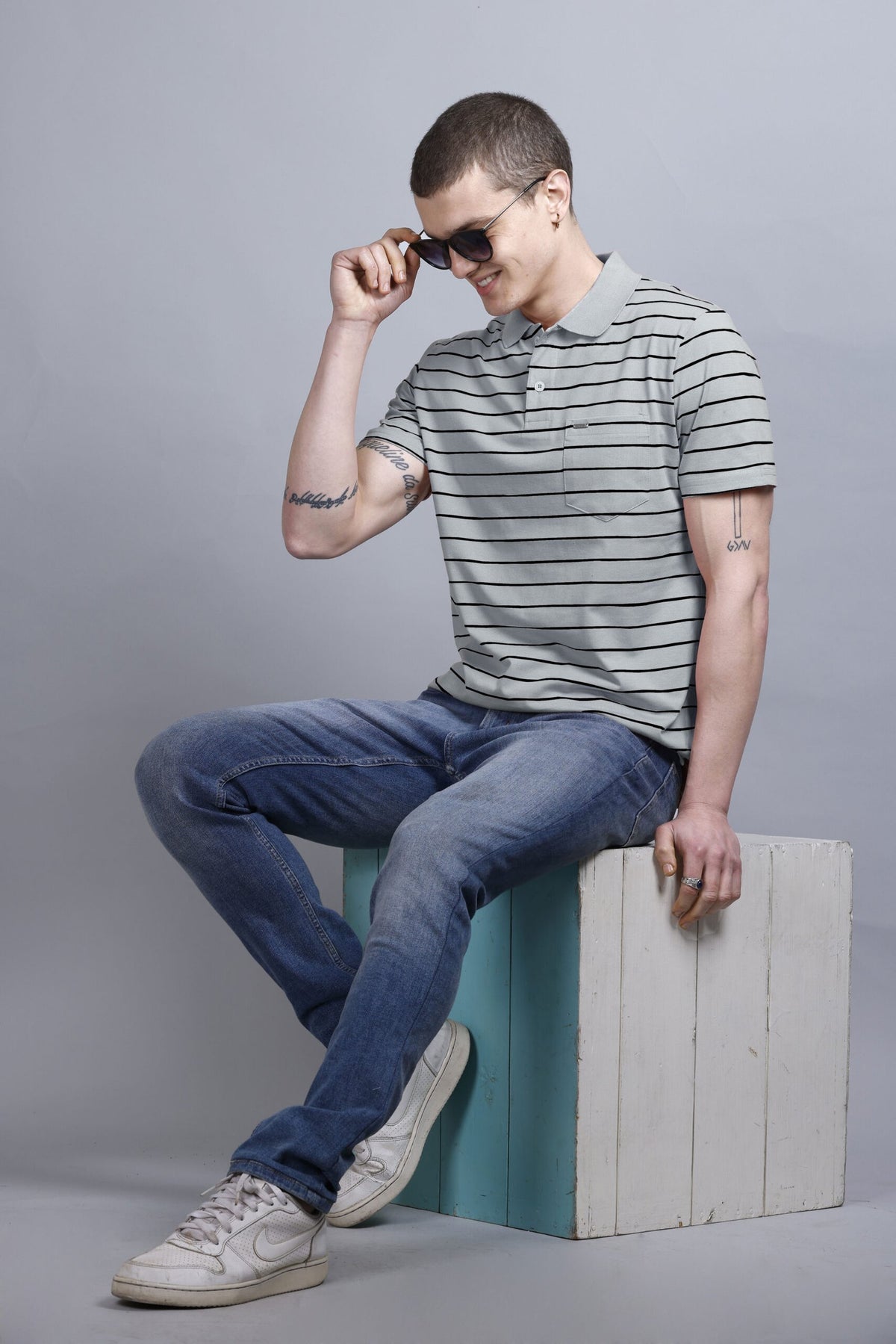 Light Grey Striped Cotton Half Sleeve Polo Collar T Shirt With Pocket