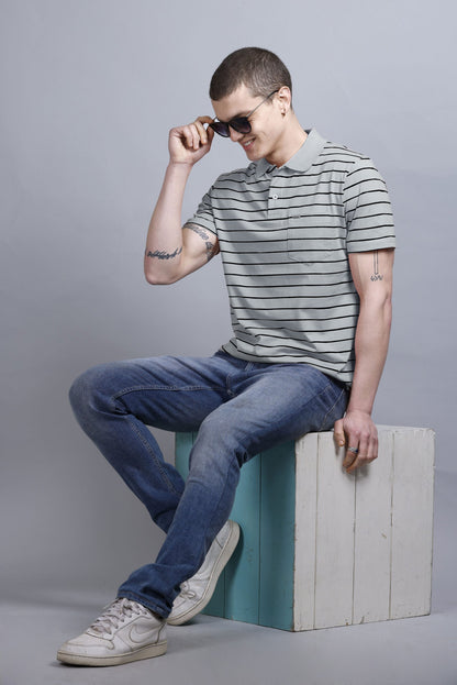 Light Grey Striped Cotton Half Sleeve Polo Collar T Shirt With Pocket