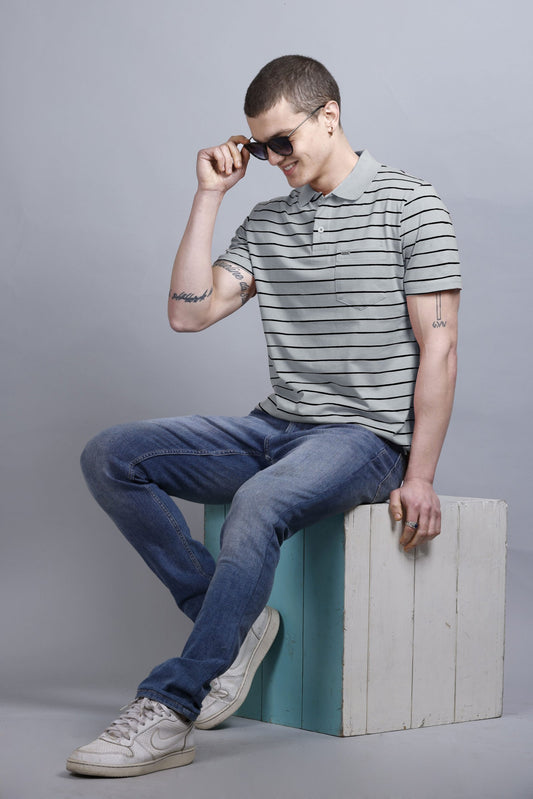 Light Grey Striped Cotton Half Sleeve Polo Collar T Shirt With Pocket