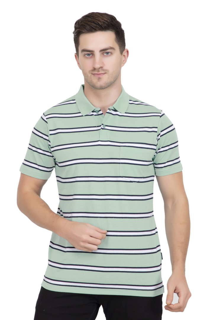 Green Striped Men Half Sleeve Polo T-Shirt With Pocket