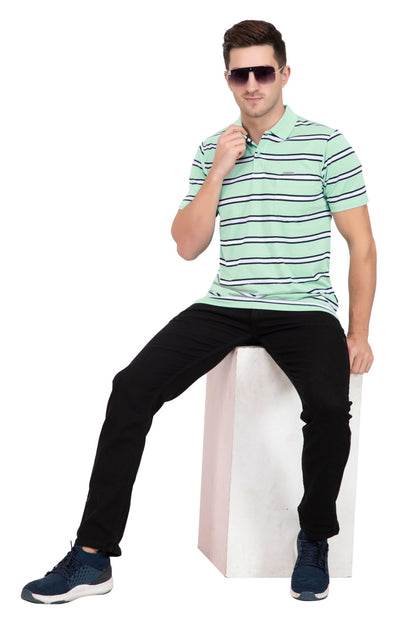 Green Striped Men Half Sleeve Polo T-Shirt With Pocket