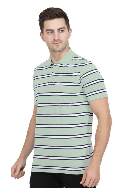 Green Striped Men Half Sleeve Polo T-Shirt With Pocket