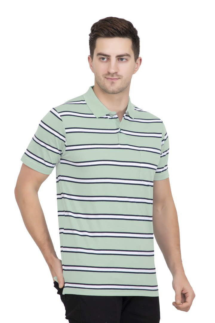 Green Striped Men Half Sleeve Polo T-Shirt With Pocket