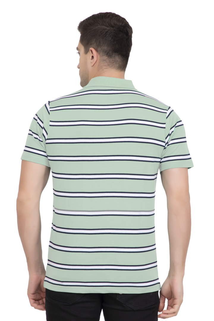 Green Striped Men Half Sleeve Polo T-Shirt With Pocket