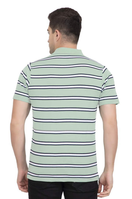 Green Striped Men Half Sleeve Polo T-Shirt With Pocket