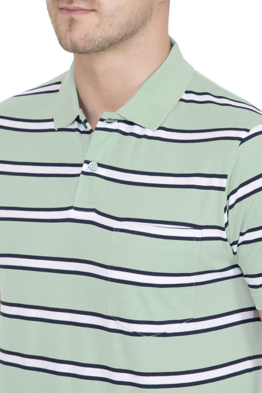 Green Striped Men Half Sleeve Polo T-Shirt With Pocket