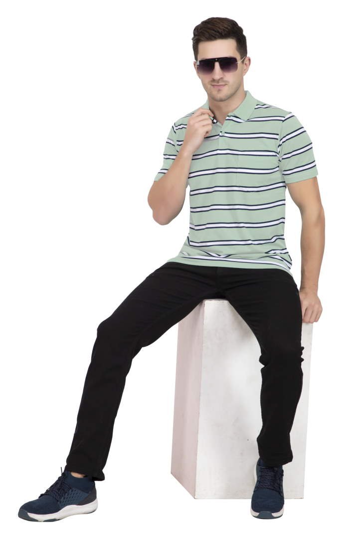 Green Striped Men Half Sleeve Polo T-Shirt With Pocket
