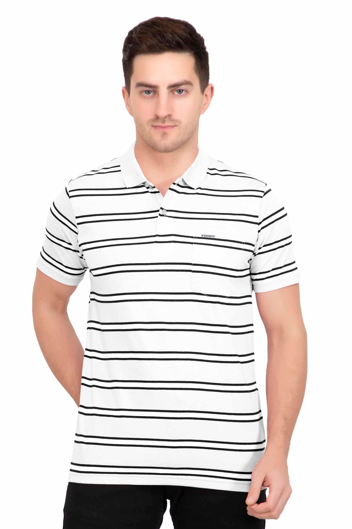 White Striped Men Half Sleeve Polo Men T-Shirt With Pocket