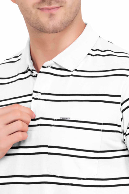 White Striped Men Half Sleeve Polo Men T-Shirt With Pocket