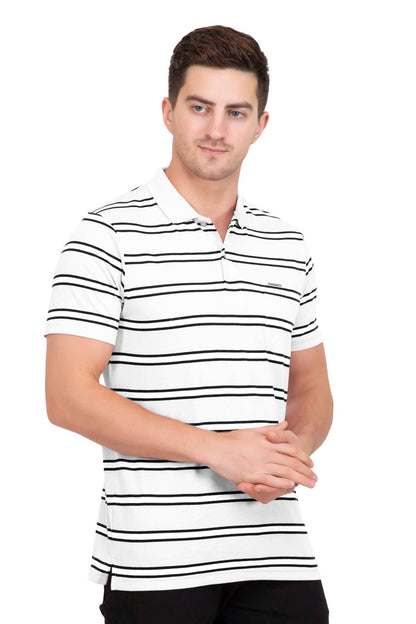 White Striped Men Half Sleeve Polo Men T-Shirt With Pocket