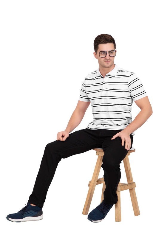 White Striped Men Half Sleeve Polo Men T-Shirt With Pocket