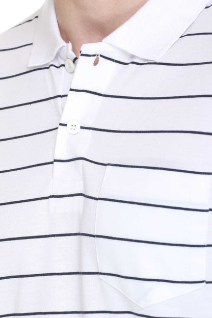 White Striped Cotton Men Full Sleeve Polo T Shirts With Pocket