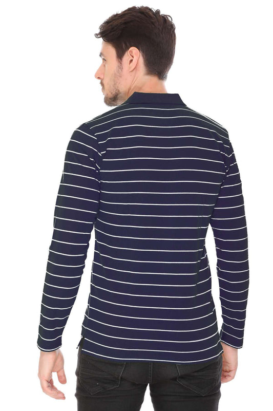 Navy Striped Men Full Sleeve Polo T-Shirt